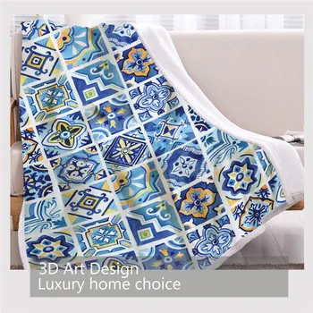 BlessLiving Watercolor Sherpa Blanket Mediterranean Ceramics Plush Blanket Geometric Squares Bedding Floral Custom Blanket New 3