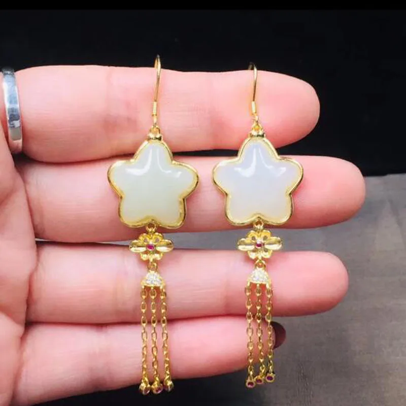 Женские серьги кисточки с цепочкой из натурального белого нефрита