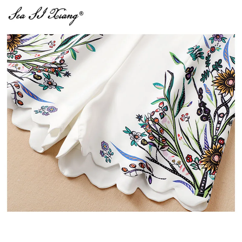 

Seasixiang Fashion Designer Spring Set Women V-Neck Lantern Sleeve Short Tops + Shorts Indie Folk Print Two Piece Set