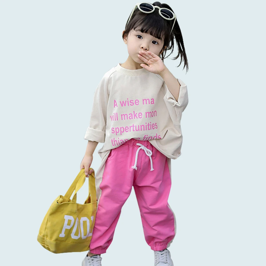 Новинка детская одежда футболка с буквенным принтом + штаны 2 шт. для девочек