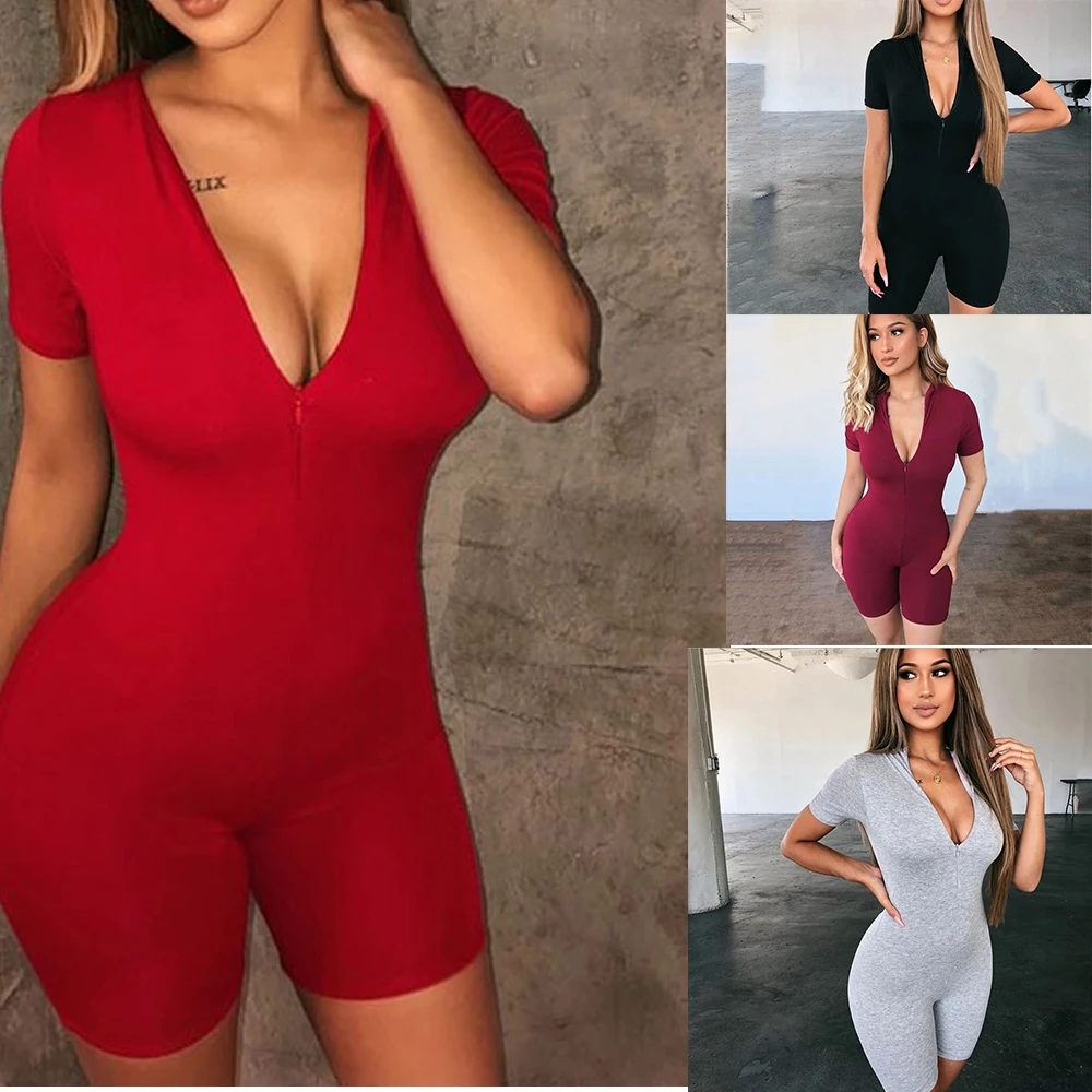 

Sexy Women Jumpsuit Sleeveless Front Zipper Soild Color Deep V-neck Playsuit Short Rompers Womens Jumpsuit