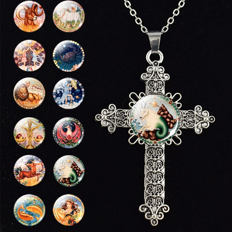 Женское ожерелье с подвеской крестом 12 знаков зодиака|Цепочки| |