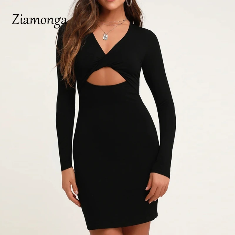 Ziamonga Women Hollow Out Chest Hole Short Bodycon Dress Sexy Night Club Bar Party Long Sleeve Package Hip Dresses Vestidos | Женская