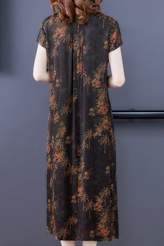 

COIGARSAM 4XL Plus Size Vintage Women Long dress New Summer Stand Neck Dresses 5321