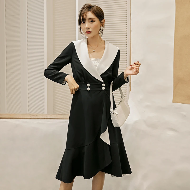 YIGELILA Autumn New Arrivals Black Dress Turn Down Collar With Button Dress A-line Long Sleeves Mid-calf Dress 65247