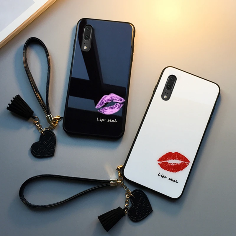 

Case & Strap For VIVO v11 v11i pro v9 v7 plus v3 max phone Cases For VIVO v15 pro v5s v5 lite Fashion lip print Glass Hard Cover