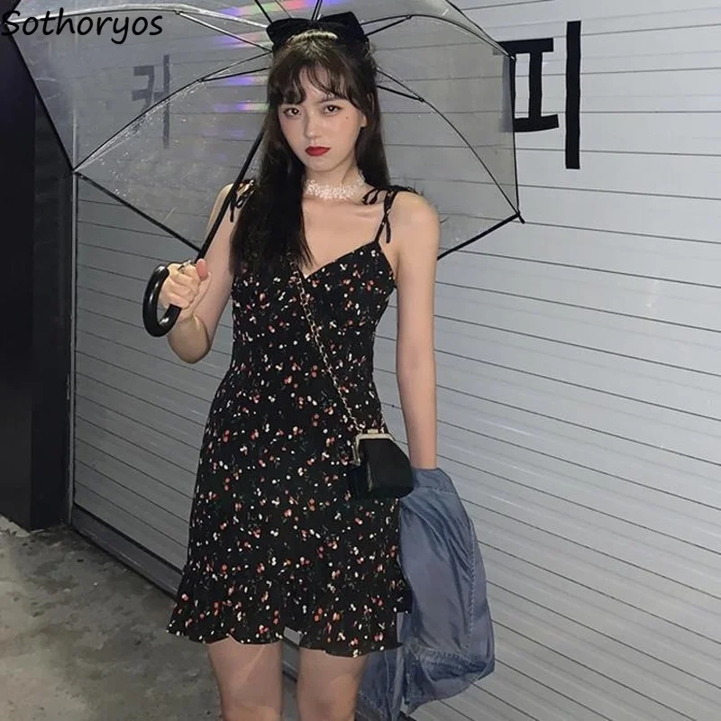 

Sweet Women Bow Mini Dress V-neck Flounced Edge Spaghetti Strap Printed Dresses Vintage Prairie Chic Date Ladies Backless Casual