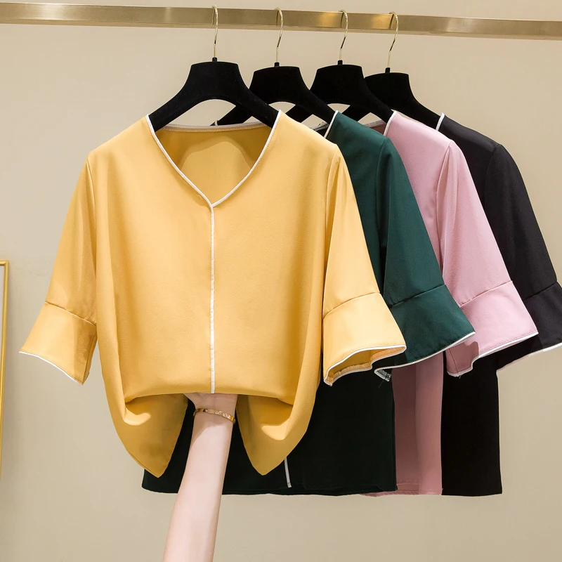 

V Neck Chiffon Short Sleeved Plus Size Oversized Korean Fashion Summer Women'S Clothing Vintage Shirts Blouses Top New 2021