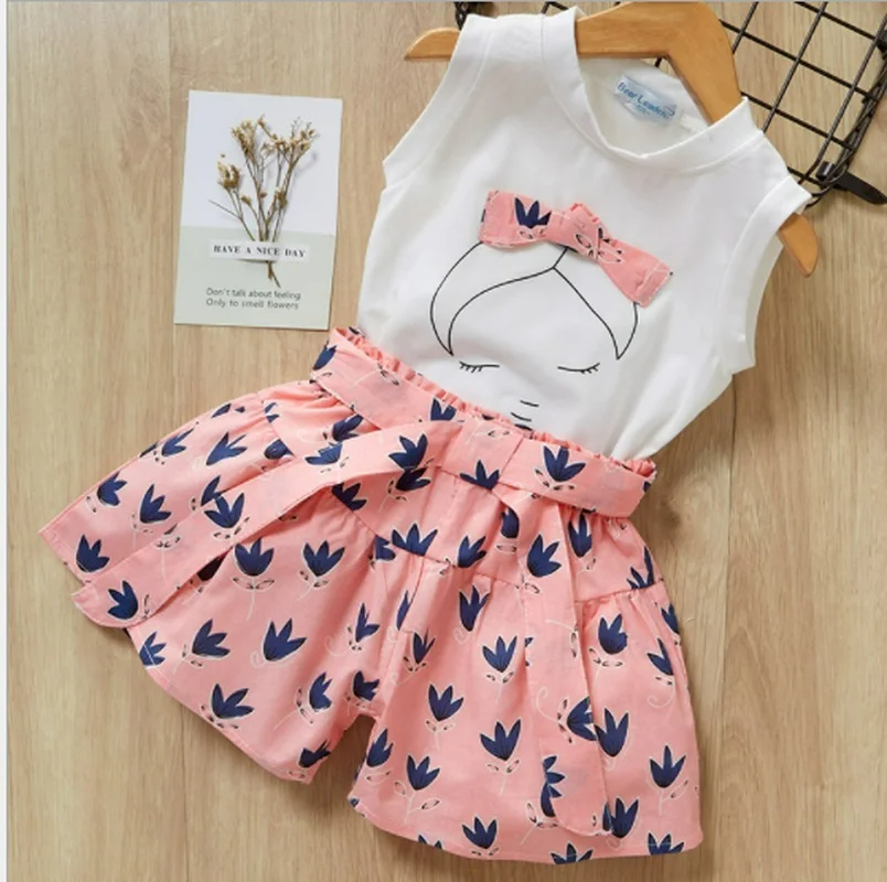 

Girls Clothing Sets New Summer Sleeveless T-shirt+Print Bow Skirt for Kids Clothing Sets Baby Clothes Outfits girls outfits