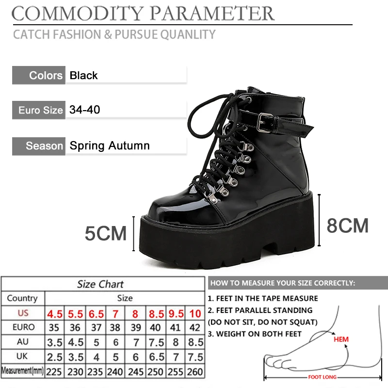 

BYQDY Chunky Heels Woman Platform Boots Punk Patent Leather Buckle Strap Round Toes Creeper Winter Boots For Black Friday New