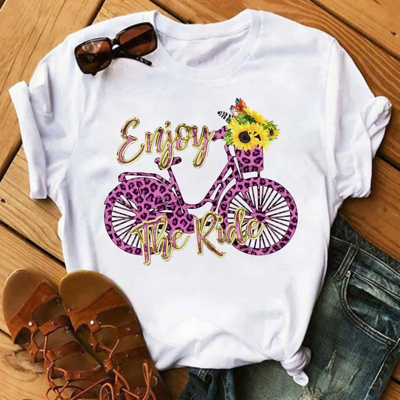 

Fashion Bicycle Printed Women T Shirts Cartoon Graphic Female T-shirts Tops Casual Fashion Ladies Tops Tee Short Sleeve Shirts