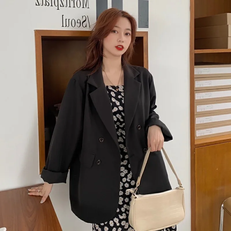 

Women Blazers Notched Solid Pocket Double Breasted Chic Korean Style Sweet Casual Loose All-match Elegant Stylish Outwear Female