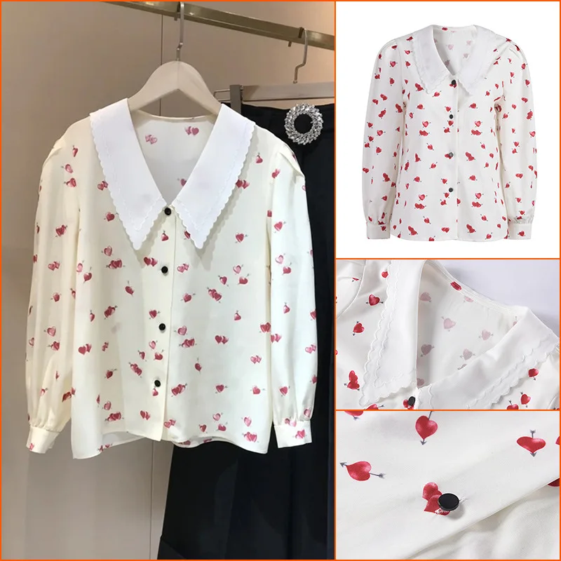 

Новинка 2021, одежда для ранней весны, рубашка свободного покроя с принтом Love, модная пикантная рубашка с отворотом и V-образным вырезом, Высок...