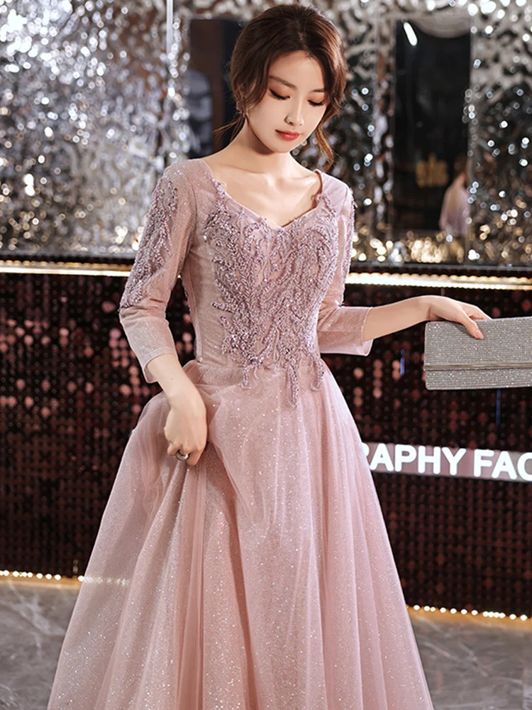 

Pink Evening Dresses With Long Sleeves 2021 Elegant V-neck Appliques A-line Floor-length Women Formal Gowns