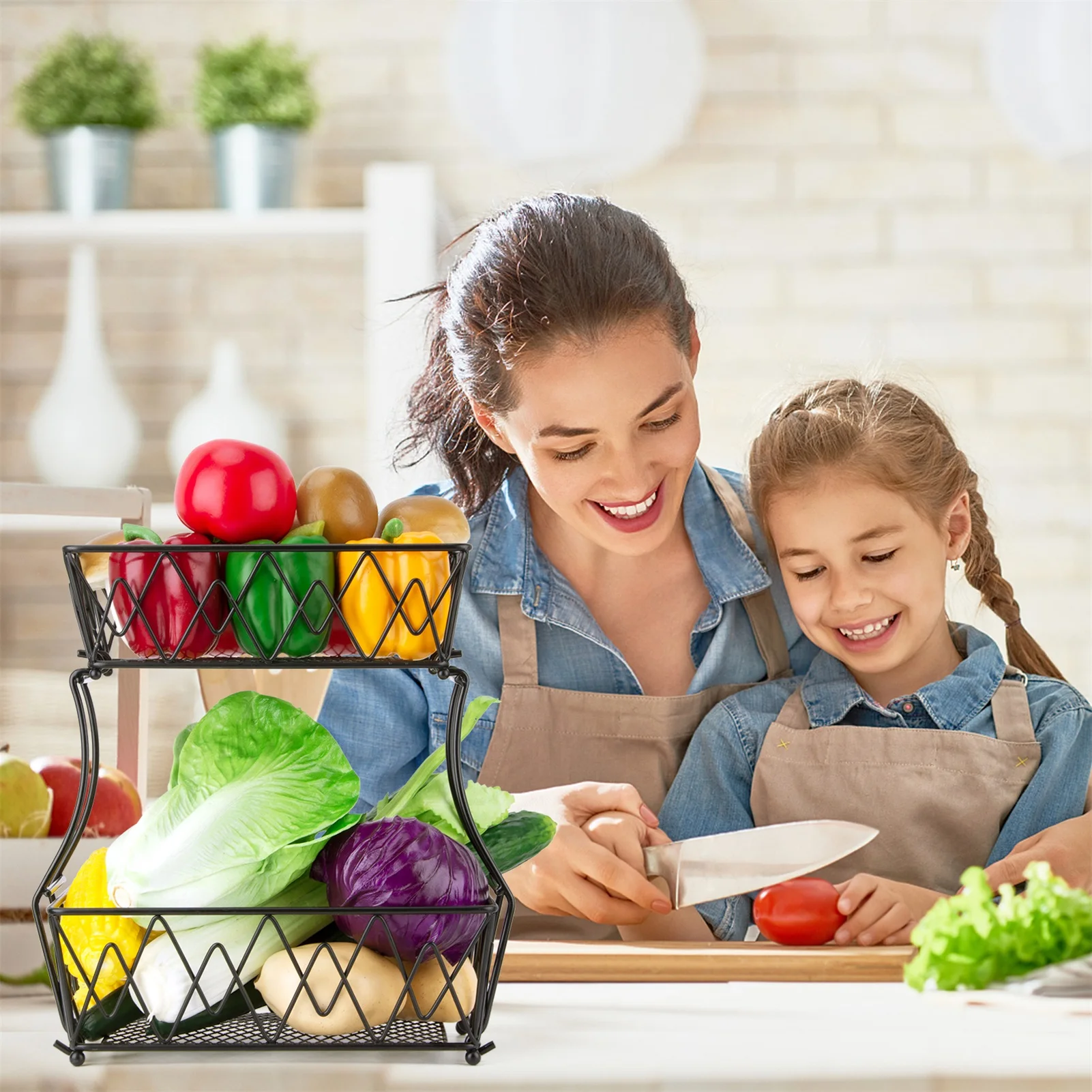 

Kitchen Fruit and Vegetable Double-layer Fruit Storage Basket Drain Rack Iron Art Convenient Storage Basket