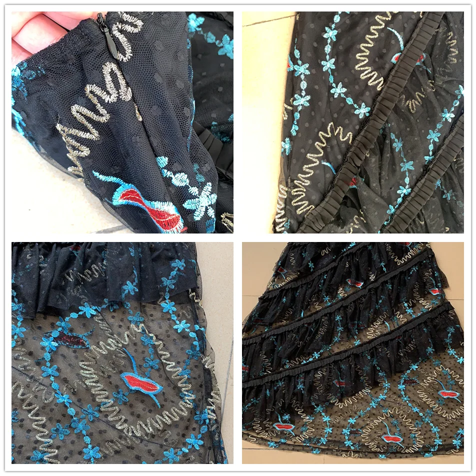 Женская длинная юбка Ailigou черная сетчатая с цветочной вышивкой лето 2021 | одежда