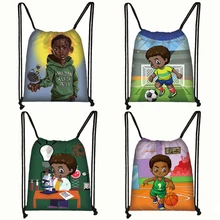Bolso con cordón estampado Afro para niños, bolsa de almacenamiento para adolescentes, mochila suave para regalo, color marrón y negro de África