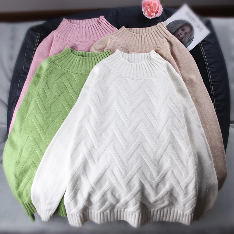 Shellsuning Cotton Sweater Women Winter Knitted Pullover Green Oversized Tops Casual Solid Color Warm Jumper Female Chic Clothes | Женская