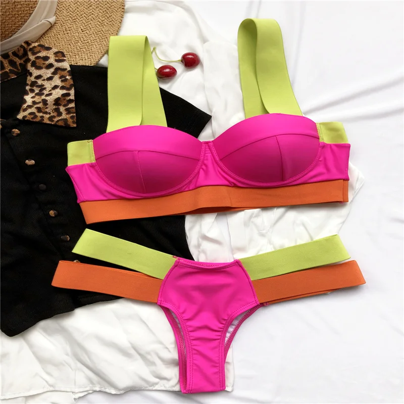 

Women Push Up Bikini Summer Sexy Beach Bikini For Ladies Fashion Biquini Stitching Color Biquinis Bathing Suit Swimsuits 2021