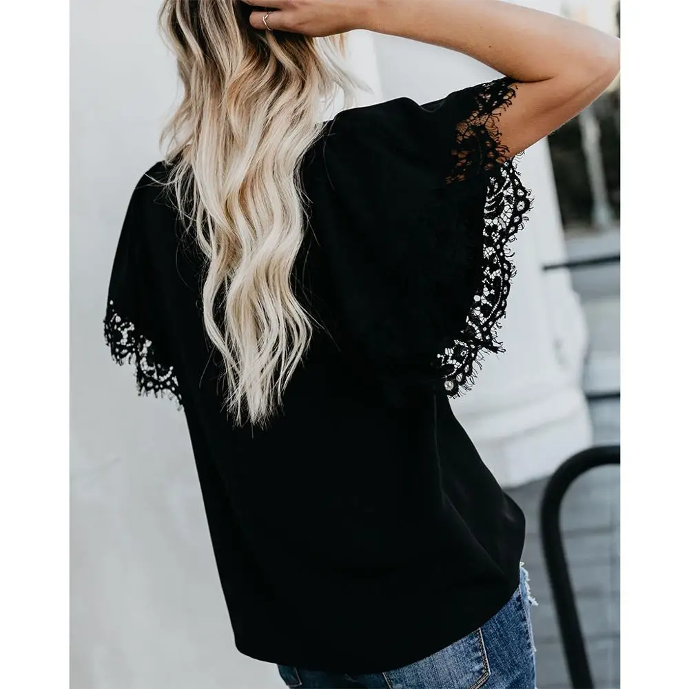 

Summer Women Casual Solid color Chiffon Short Sleeve Splice Lace Top Shirts Blusas Mujer