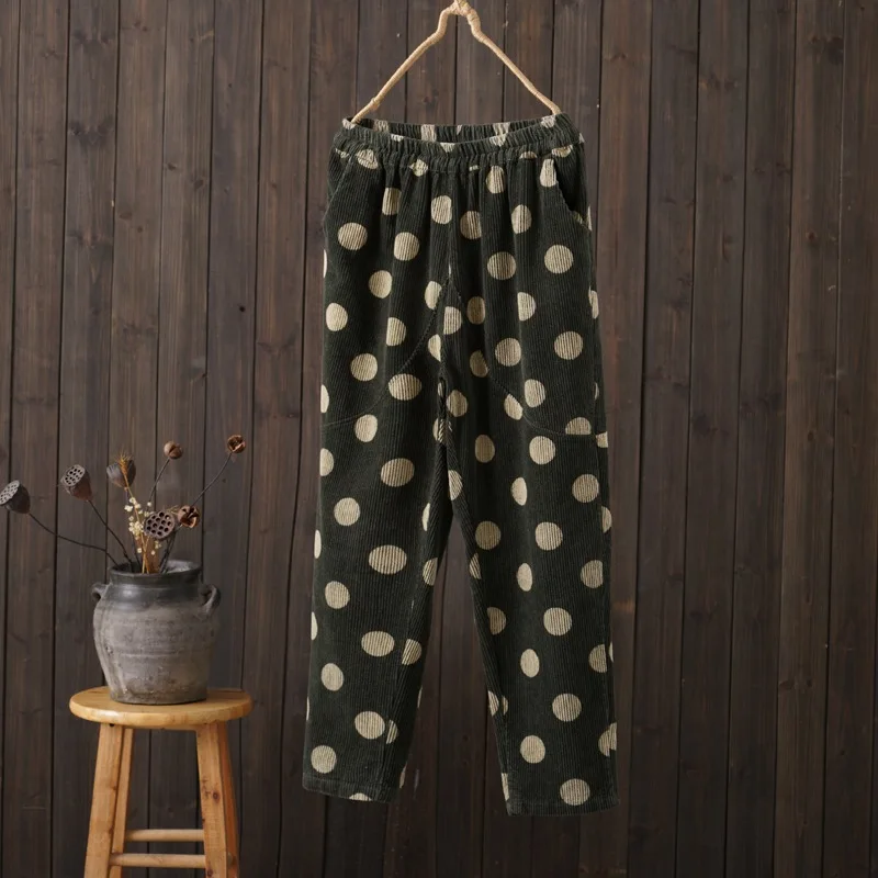 Johnature/осенние модные вельветовые шаровары с карманами в горошек подходящие ко