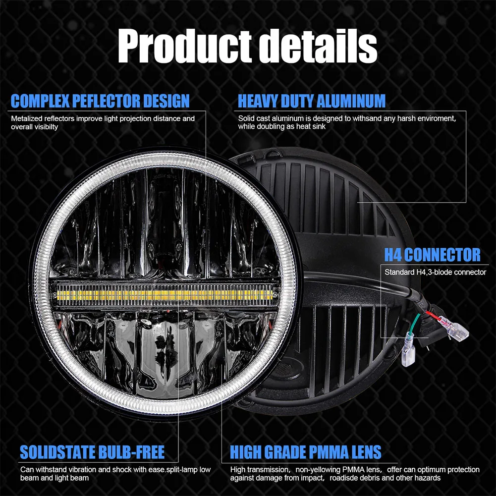 

7inch Waterproof Styling With Angel Eyes Super Bright H4 Round Turn Signal LED Headlight DRL Lamp Driving For Wrangler JK TJ JL