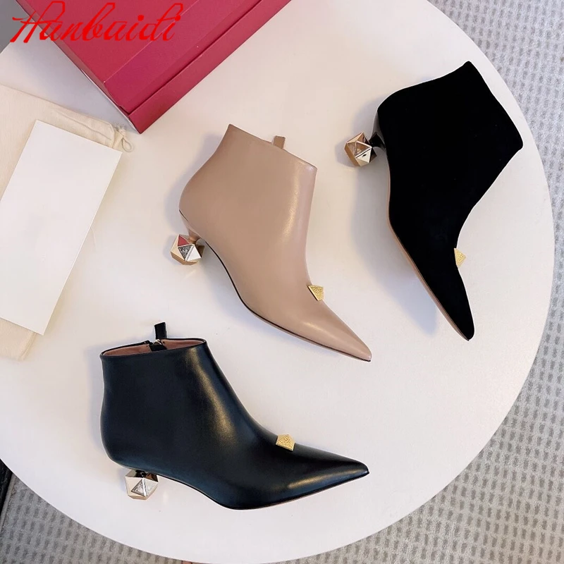 

Luxury Design Strange Heels Women Ankle Boots Fashion Genuine Leather Zip Women Short Boots Runway Pointed Toe Low Heels Boots