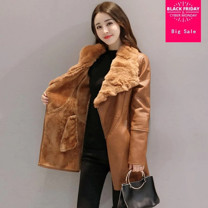 

Женская куртка из искусственной кожи, с воротником из натурального меха кролика Рекс, теплая Повседневная Верхняя одежда, L1490, для зимы