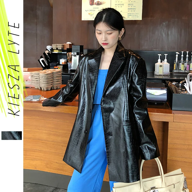 

Faux Leather Jacket Women 2022 Spring New Loose Black PU Blazer Coat Chic Streetwear Fashion Outwear