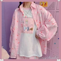japanese korean style kawaii blouse women 2021 spring fashion print button up shirt kpop top kawaii cute pink cardigan shirts