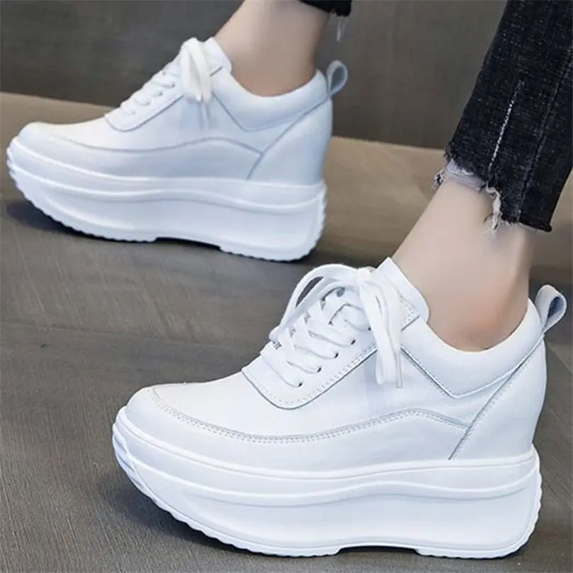 

Women White Cow Leather Platform Wedge High Heels Fashion Sneakers Lace Up Round Toe Oxfords Casual Party Shoes