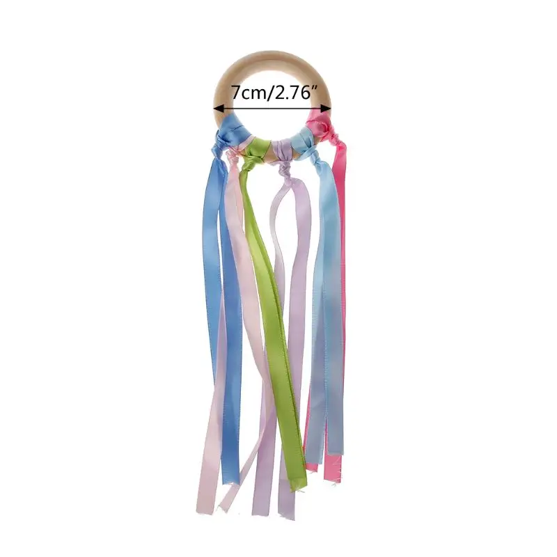

Rainbow Natural Wooden Ribbon Ring Baby Teether Newborn Sensory Toy Shower Gift