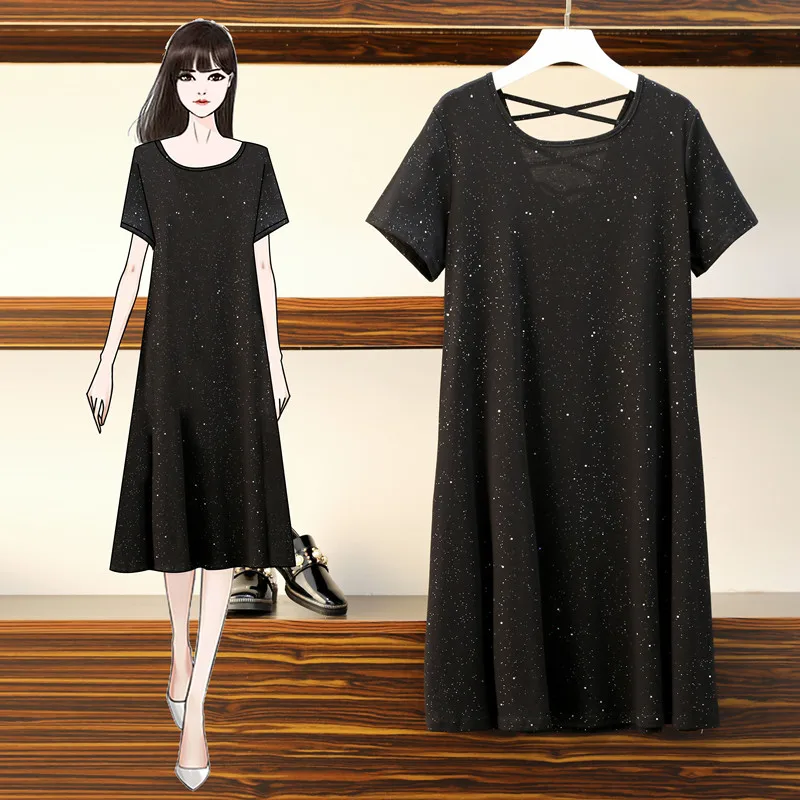 

4XL Plus Size Women Glitter Cotton Tshirt Dresses Summer 2021 Fashion Short Sleeve Loose Casual Black Sexy Cross Backless Dress
