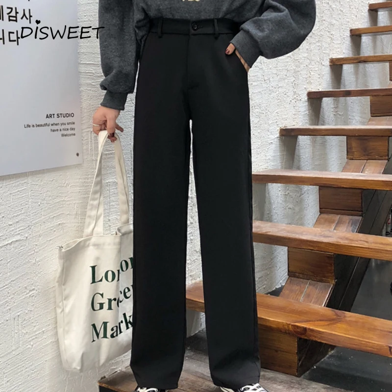 

New High-waist Straight-leg Pants Woman Simple Solid Button Loose Pants Women Casual Slim Black Women's Pants 2021