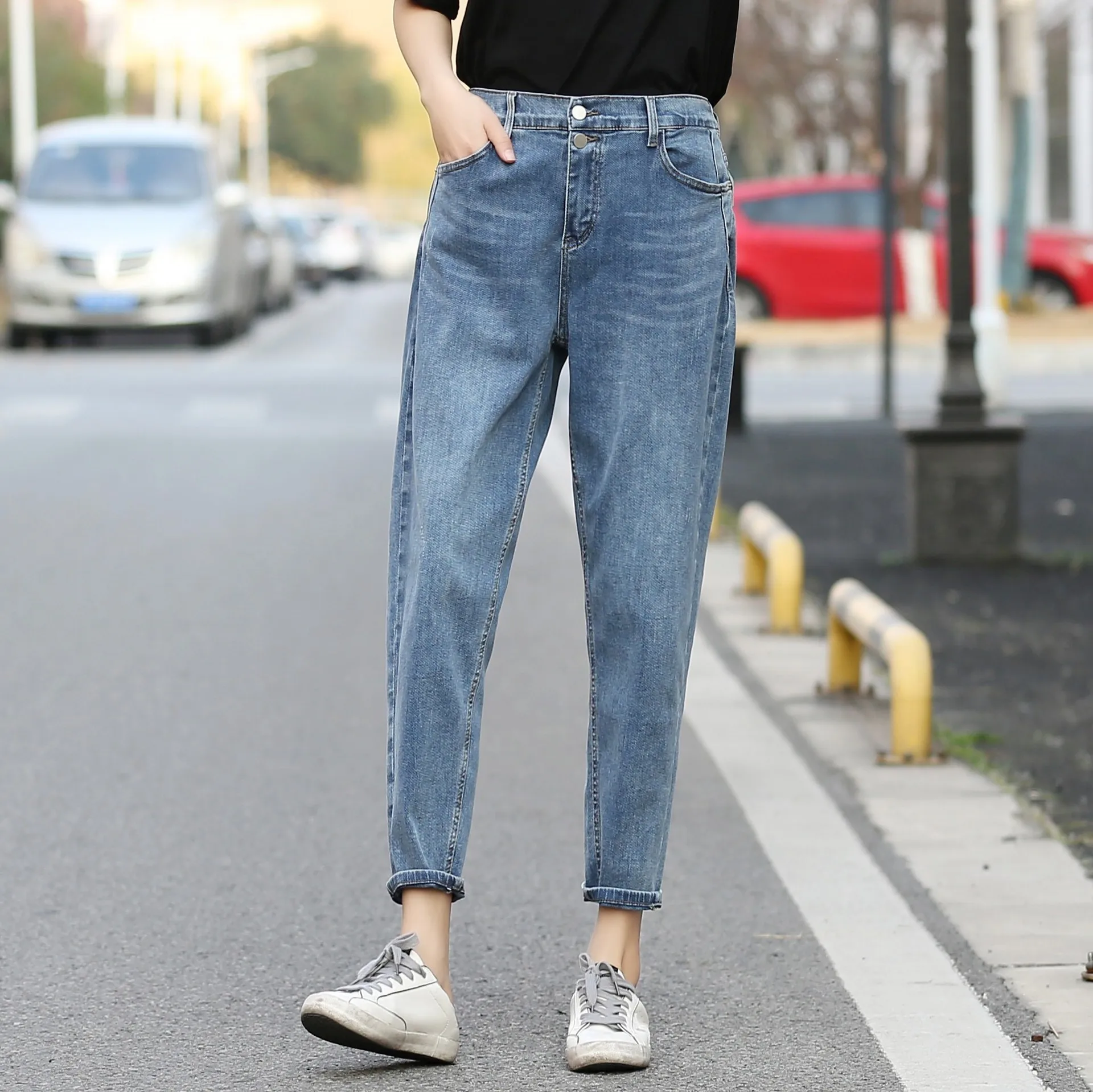 Простые Женские джинсы размера плюс повседневные штаны-шаровары с высокой