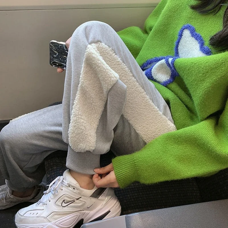 

Plus Velvet Warm Trousers Women Fashion Winter Sports Pants High Waist Splicing Korean Style Casual Baggy Pants MINGLIUSILI