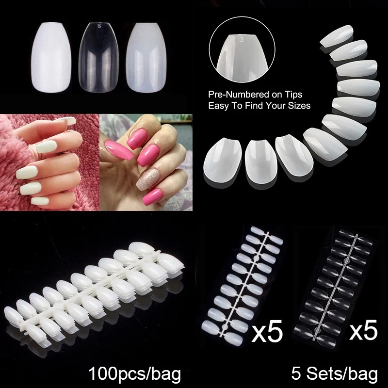 

5 Sets Short Nails Ballerina Coffin False Nail Tips Full Cover Acrylic Fake Nails Fingernails Art Press On Nails