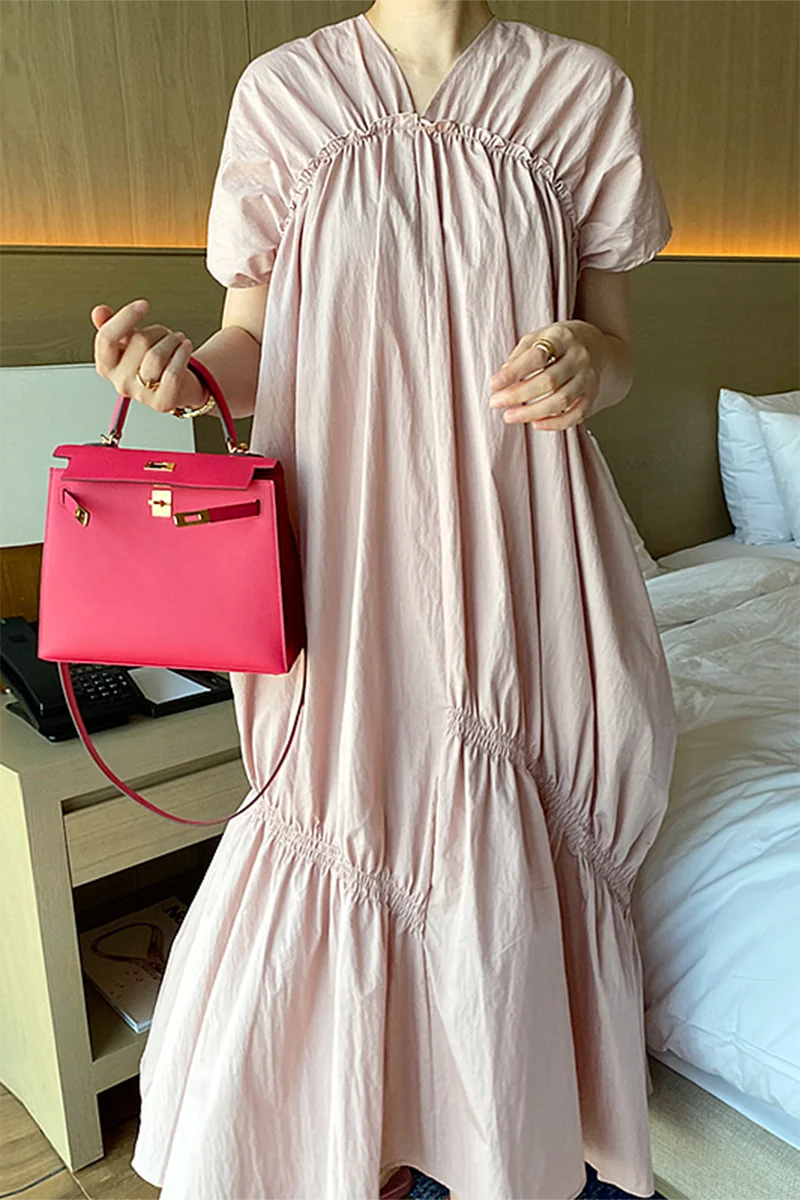 

Korean chic retro temperament V-neck irregular wrinkle design loose short-sleeved fishtail dress with wooden ears