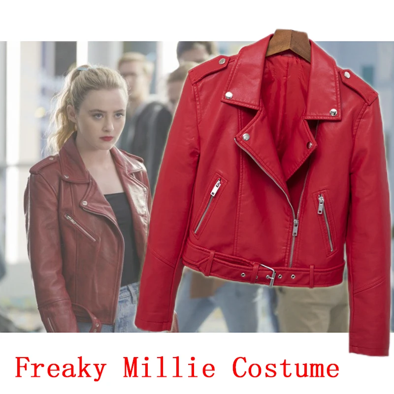 

Horror Movie Freaky Millie Costume Red Leather Jacket with Belt Woman Punk Zipper Coat Aviator Motor Biker Outfit