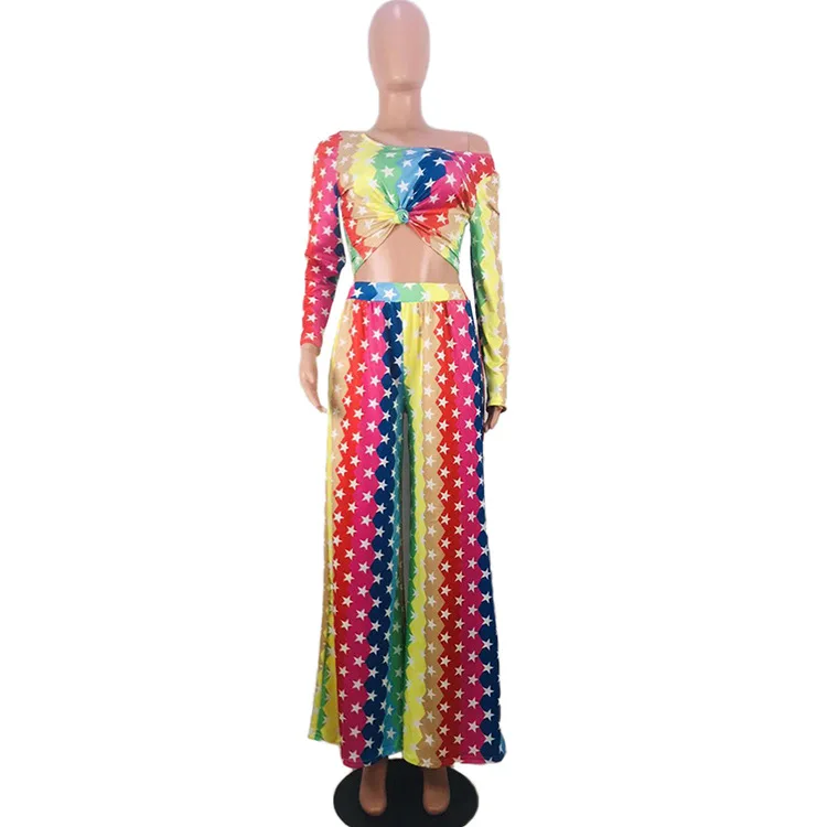 

HAOOHU Rainbow Striped Matching Sets Women Festival Clothing One Shoulder Crop Top+Wide Leg Pants Suit Streetwear Two Piece Set
