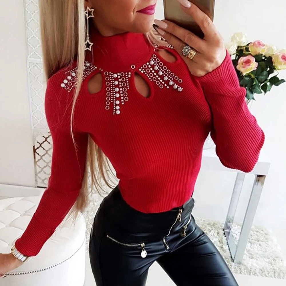 

Sale Hollow Out Women Autumn Tops And Blouse Solid Fit Ladies Beading Shirt Female Turtleneck Slim Shirt Casual Camis Blusa D30