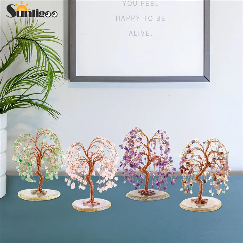 

Sunligoo New Healing Crystal Tree Figurines Gemstone Natural Agate Base Amethyst Money Tree Feng Shui Trees Ornaments Home Decor