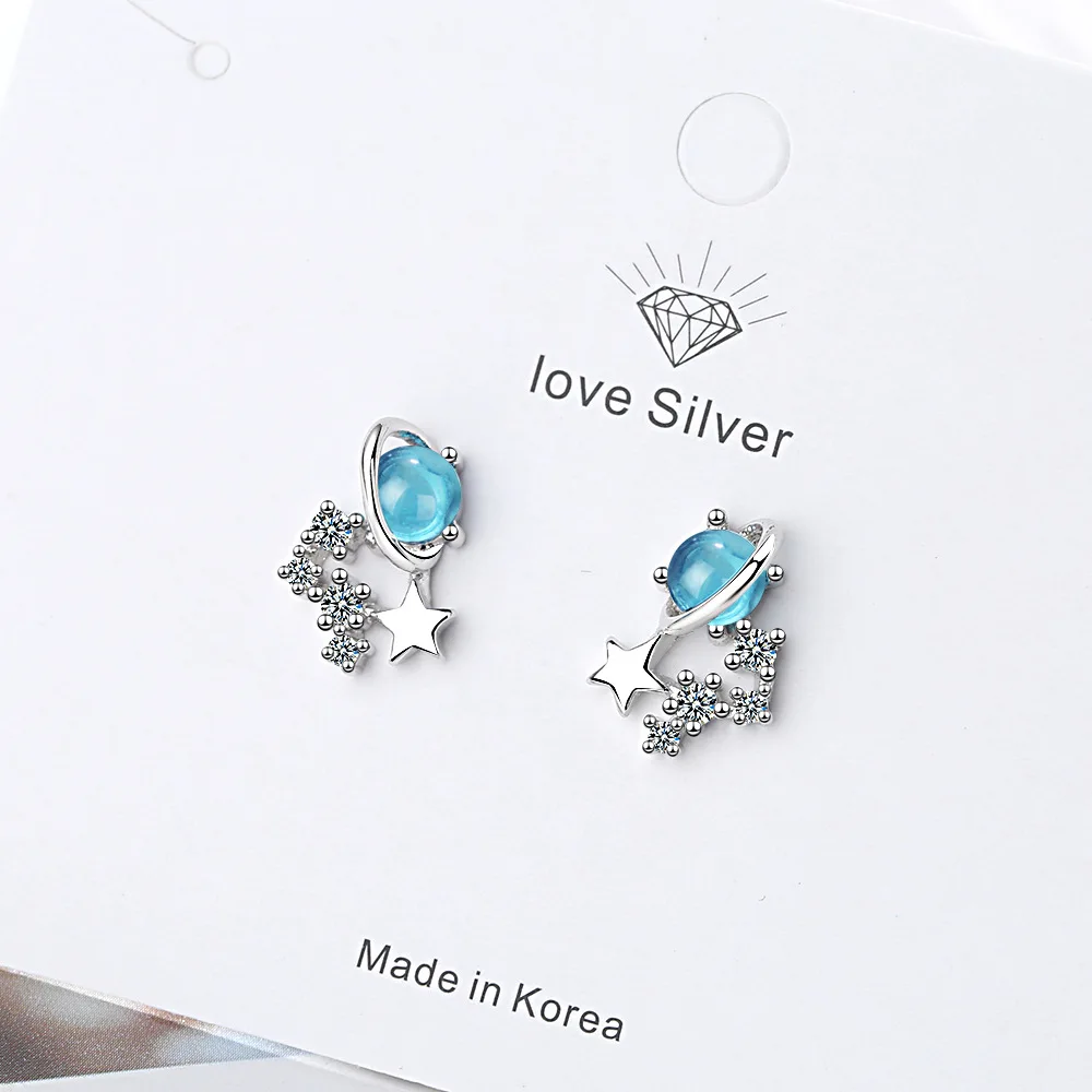 

2021 New 925 Sterling Silver Blue Crystal Planet Star Stud Earrings For Women Party Wedding Jewelry Pendientes eh219
