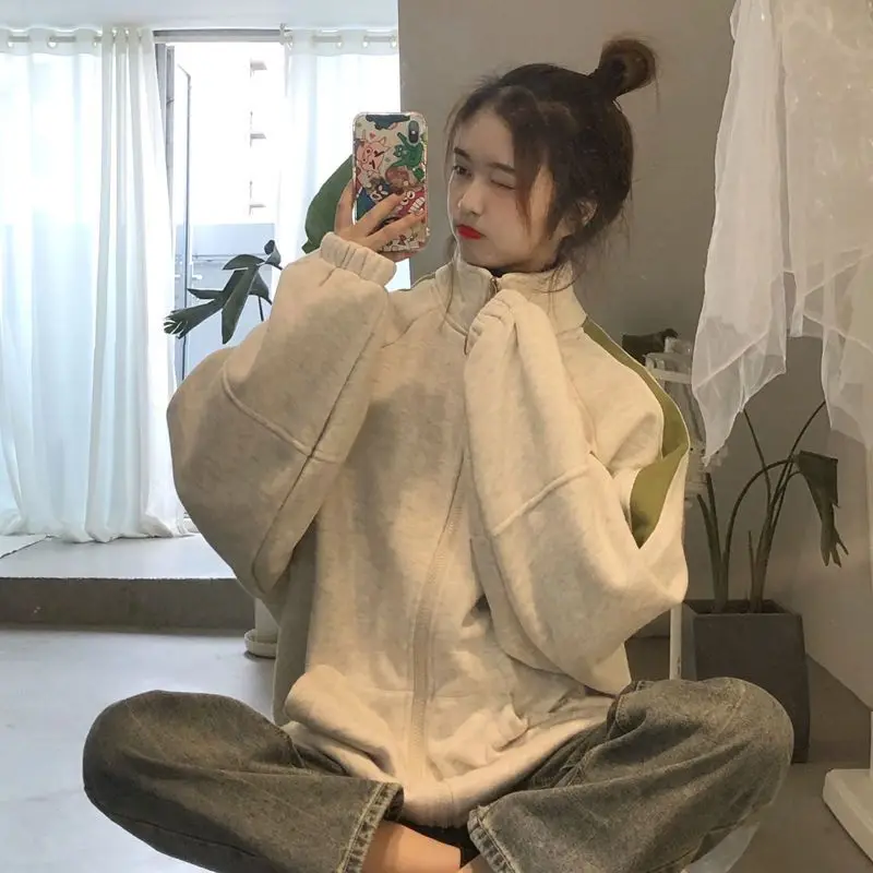 

Свитшот женский бархатный, толстая свободная Спортивная кофта контрастных цветов с длинным рукавом, в Корейском стиле, Осень-зима