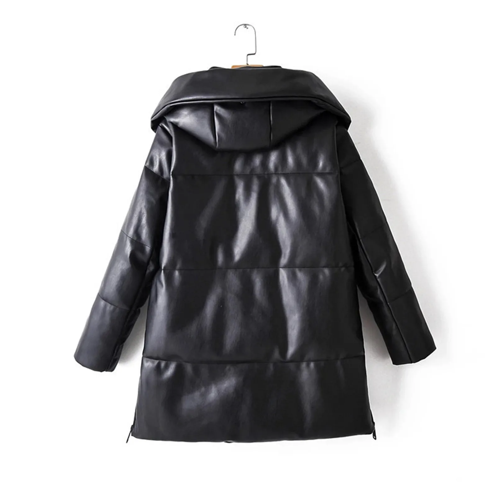 

Leather Hoodie Thicken Coat for Women Patent Leather Parkas Winter Outwear Solid Colors Overcoat Girls Hoody Outerwear