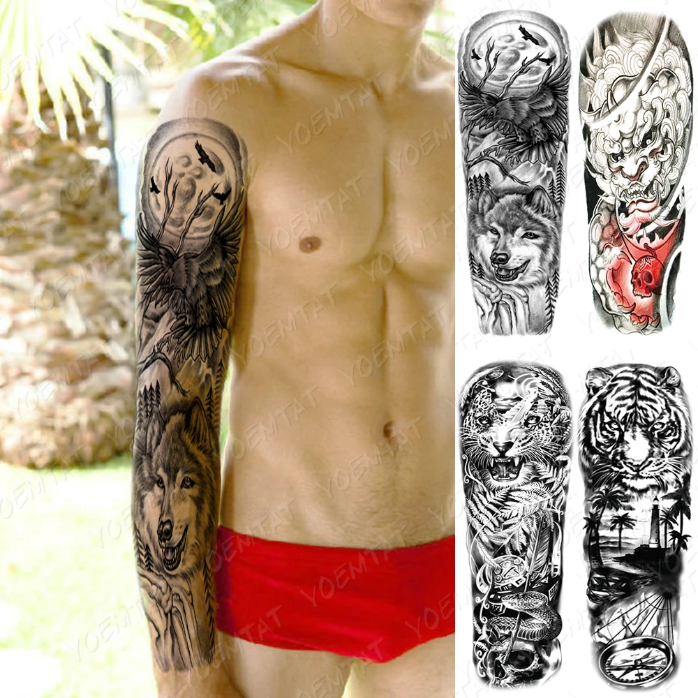 

Waterproof Temporary Full Arm Tattoo Sticker Timber Wolf Death Tiger Monster Flash Tattoos Man Body Art Fake Sleeve Tatto Female