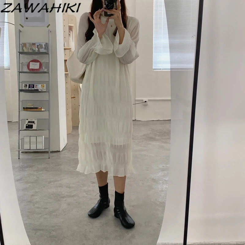 

ZAWAHIKI Ruffles Solid Straight Long Sleeve Sweet Dresses O Neck Spring Autumn Korean Ropa Mujer Fashion Elegant Femme Roeb