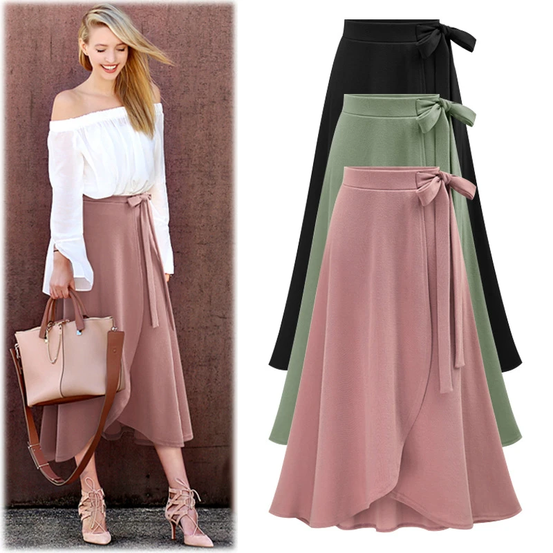 

M-6XL Women Maxi Skirt Pink Ruffle High Slit Long Skirt Spring Summer Office Casual Elegant Solid Skirt Plus Size Waist Bowtie