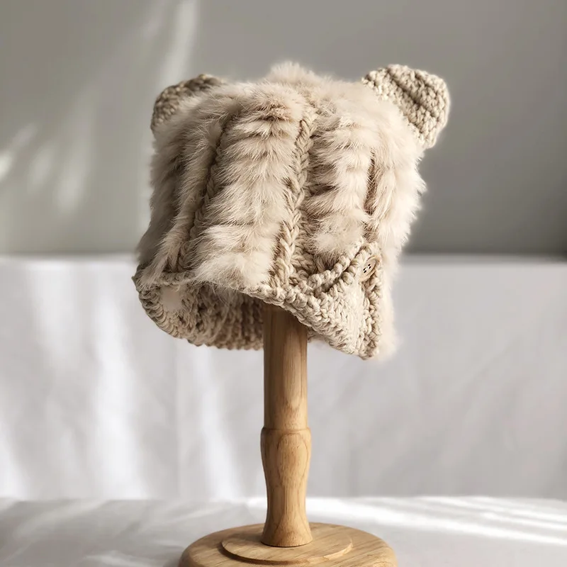 Милая шапка из кроличьего меха Женская осенне зимняя Защитная с кошачьими ушками