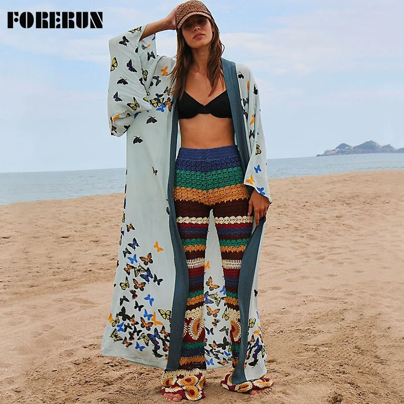 

Женский пляжный кардиган с принтом бабочки FORERUN, длинное кимоно в стиле бохо с поясом на лето